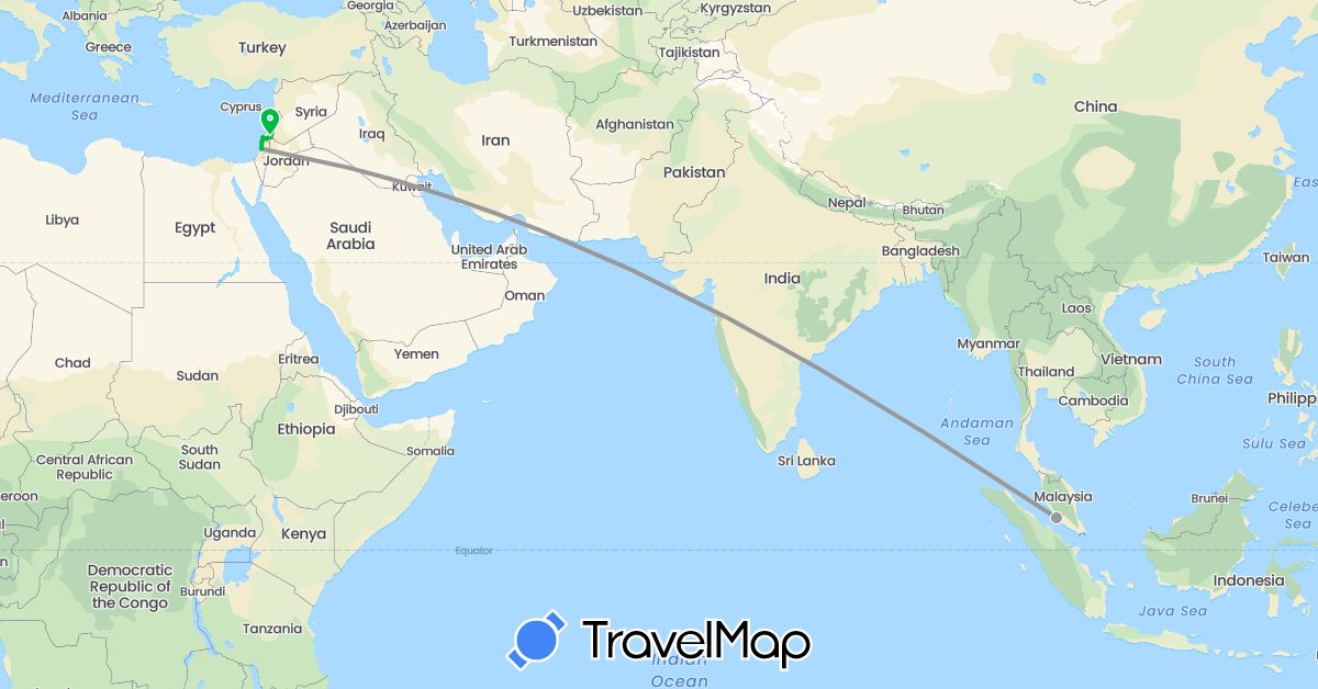 TravelMap itinerary: driving, bus, plane in Israel, Malaysia (Asia)